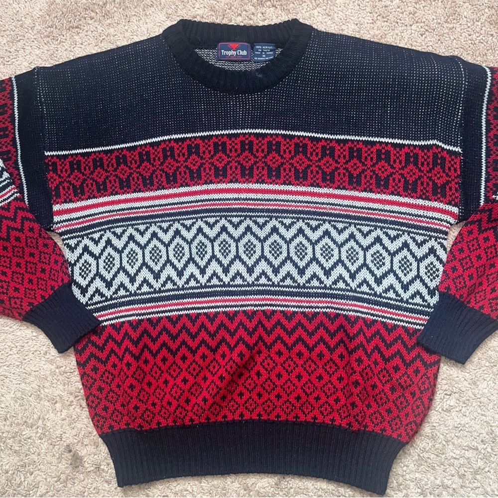 Vintage Trophy Club Sweater‎ Mens M Red Navy Geometric Nordic Knit Y2K Pullover